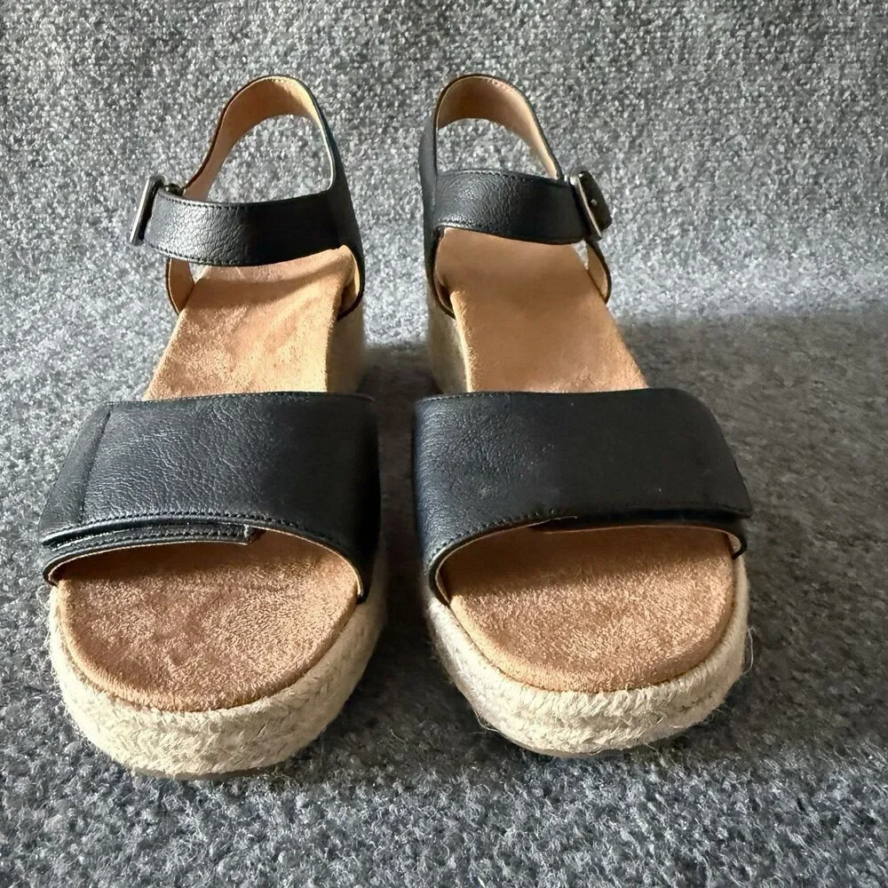 Vionic Sable Black Leather Espadrille Wedge Sandals Womens Size 9 Boho Comfort
